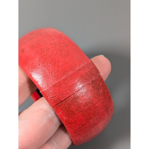 Retro Red Leather Wrapped Bangle Bracelet Wide Chunky Statement 8.5" - Picture 4 of 9